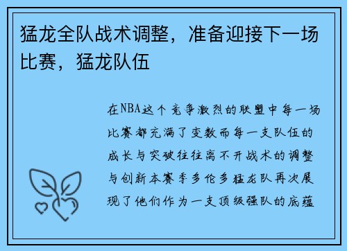 猛龙全队战术调整，准备迎接下一场比赛，猛龙队伍
